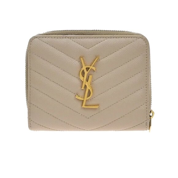 SAINT LAURENT YSL Logo Compact Bifold Wallet Leather Beige 258-082825 - Picture 1 of 15